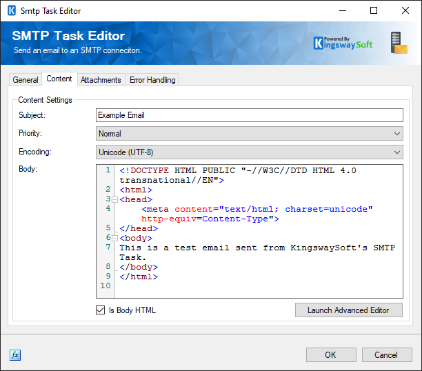 SMTP Task Editor - Content
